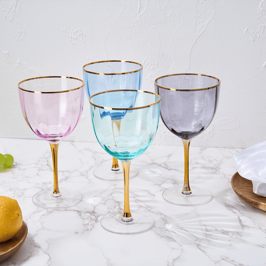 Art Deco Colored Crystal Wine Glass Set of 4, Large 18oz Stemmed Glasses Vibrant Vintage Glasses for White & Red, Water, Margarita Glasses, Gift Idea, Color Glassware - Gilded Rim and Gold Stem - Loft&Timber