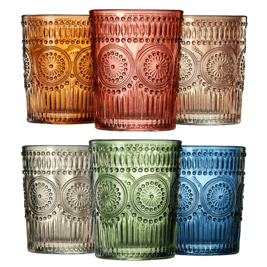 Colored Vintage Drinking Glasses Set | Set of 6 | Tumbler Hobnail 10 OZ Muted Bubble Design Whiskey Glassware, Old-Fashioned, Embossed Design Glass for Water, Wine, Cocktail HAND WASH ONLY - Loft&Timber