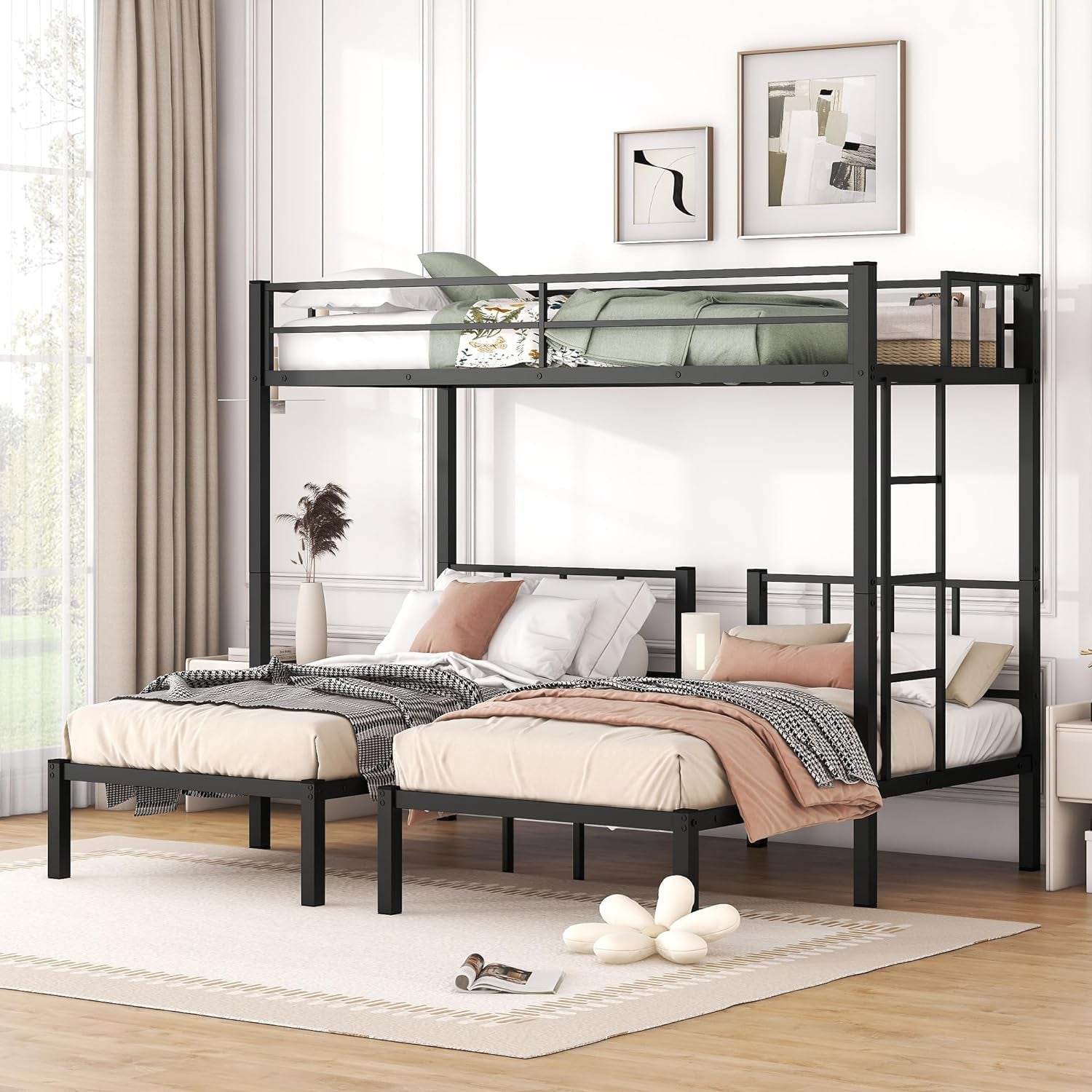 Twin over Twin over Twin Triple Bunk Bed for Kids,3 Bed Bunk Beds for 3,Metal Triple Bunk Beds with Built-In Desk,Separates into 3 Twin Beds,Noise Reduced Structure,Black - Loft&Timber