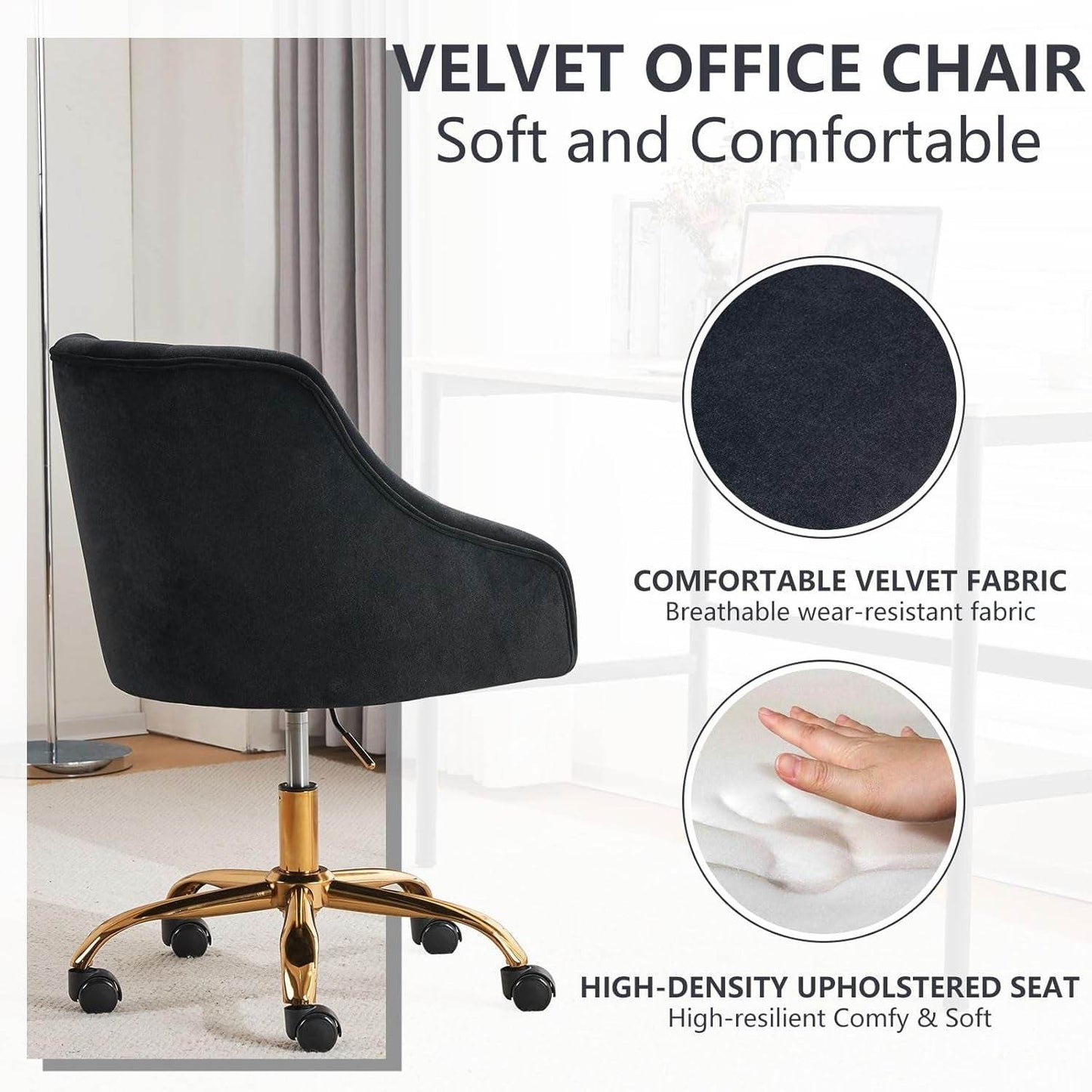Velvet Office Swivel Chair, Vanity Chair, Fabric Desk Chair, Pretty Fancy Chair, Gold Office Chair for Girls, 360°Swivel Height Adjustable Reception Chair (Black) - Loft&Timber