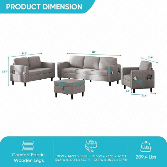 6 Seaters Sectional Upholstered Sofa, Linen Fabric Sofa Couch with Side Pockets, Free Combination Sofa Set with Movable Storage Ottoman, for Living Room-Sofa&Loveseat&Chair&Ottoman,Light Grey - Loft&Timber