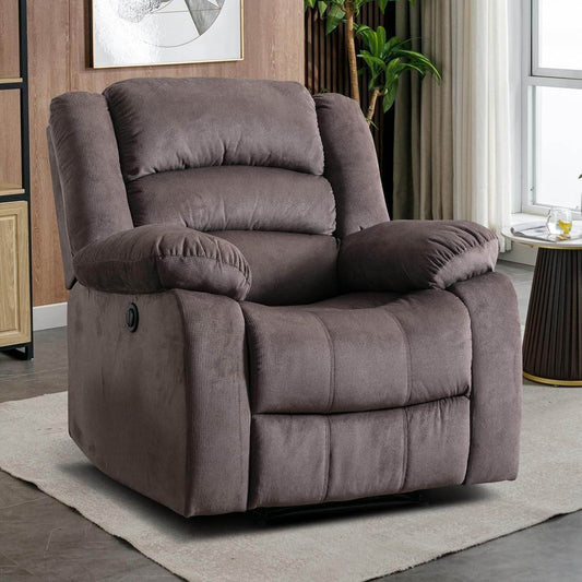 Classic Power Recliner Chair, Oversized Electric Reclining Chair with Overstuffed Cushion and Back, Soft Fabric Adults Single Recliner Sofa for Living Room, Brown - Loft&Timber