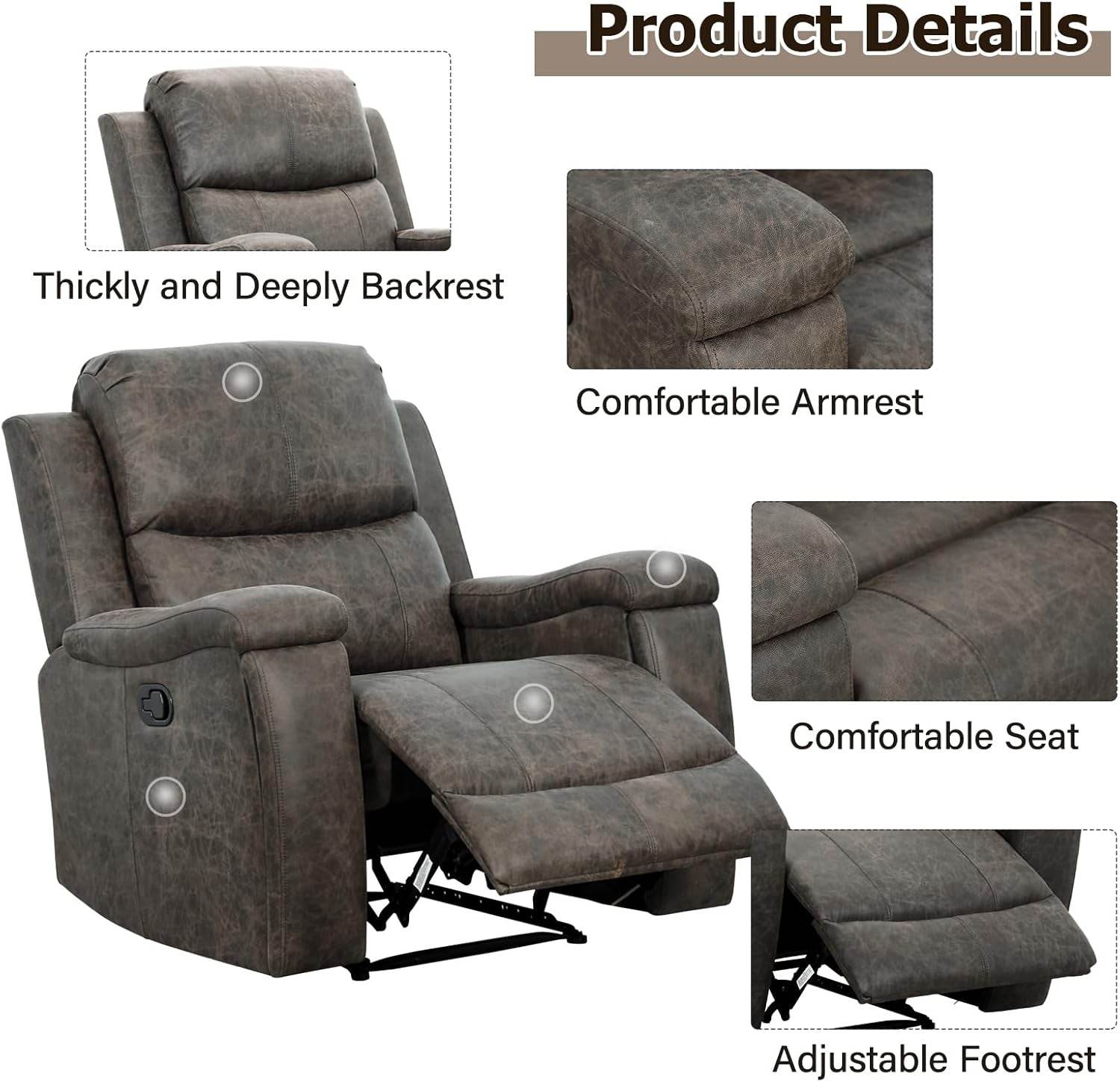 Leather Recliner Chair, Classic and Traditional Manual Recliner Chair with Overstuffed Arms and Back, Manual Single Sofa with Concealed Cup Holders,Grey - Loft&Timber