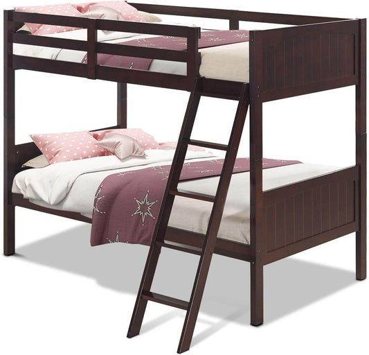Wood Twin over Twin Bunk Beds Convertible 2 Individual Twin Beds for Kids Children, Solid Rubberwood Bunk Bed with Ladder and Safety Rail (Espresso) - Loft&Timber