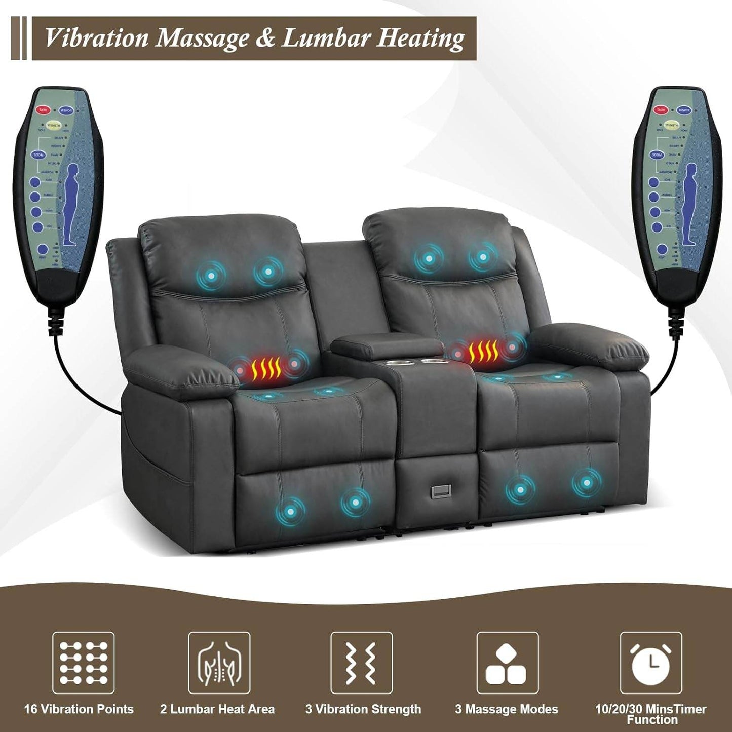Loveseat Recliner, Reclining Loveseat with Console, Double Reclining Loveseat, 2 Seater Manual Reclining Couch for Living Room, Office, Home Theater(Pu-Grey) - Loft&Timber