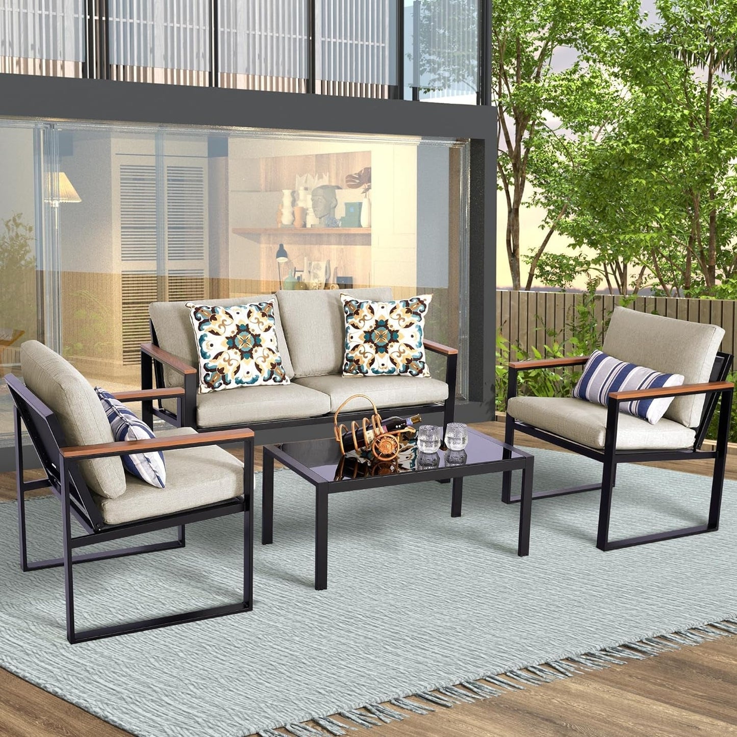 4 Pieces Patio Furniture Sets,Metal Outdoor Patio Furniture Sets,Outdoor Sectional Furniture Patio Conversation Set,Wooden Anti-Scald Armrest,Sling Mesh,4" Olefin Cushions - Loft&Timber