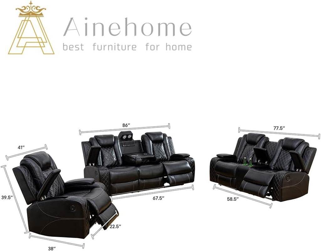 Luxury Living Room Furniture Sets Power Recliner Sectional Sofa Recliner Couch Set Recliner Leather Couch and Recliner Set Loveseat Chair for House/Office/Theater Seating(A-Black) - Loft&Timber