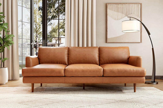 Cognac Tan Brown Leather Mid-Century 3-Seater Sofa - Loft&Timber