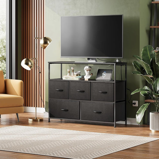 Dresser TV Stand for Bedroom, Entertainment Center with Open Shelf and Power Outlet, Black Fabric Dressers with 5 Drawers, TV Stands for Closet-1