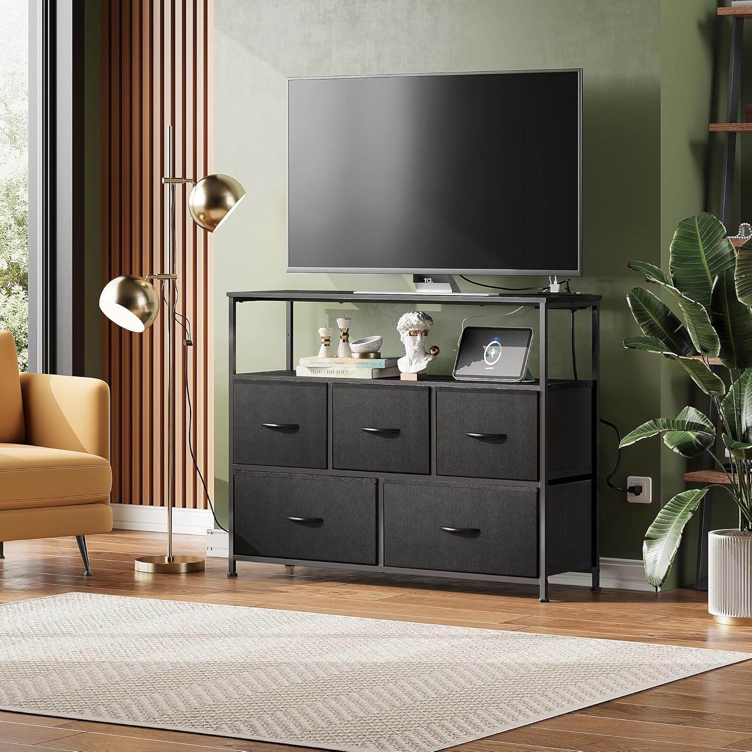 Dresser TV Stand with Open Shelf and Power Outlet, in Black with 5 Drawers - Loft&Timber