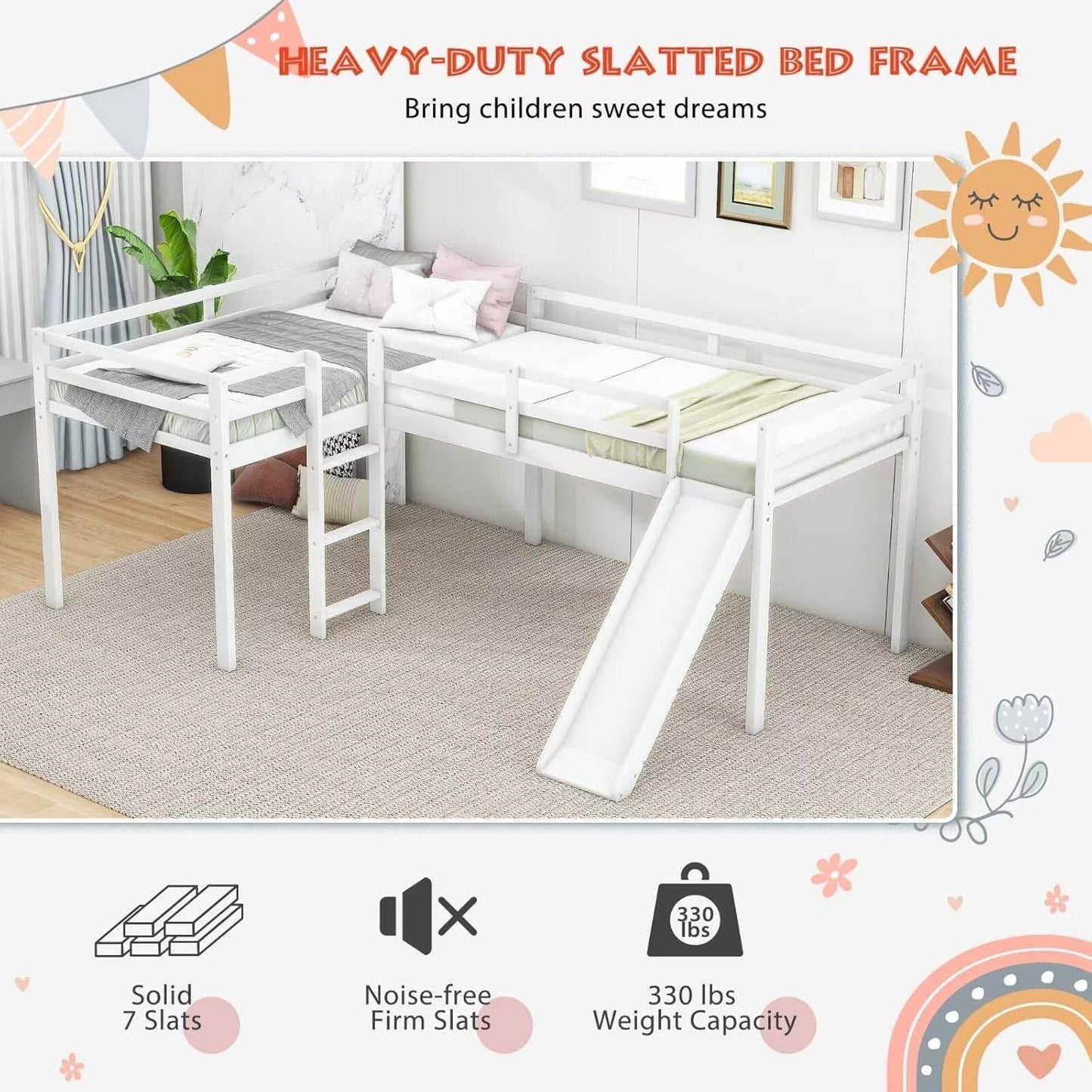 Wooden Twin Size Double Loft Bed with Slide and Ladder, L-Shaped Bed Frame with Full-Length Guardrail, Wood Bedframe for Kids Teens Adults Bedroom, 2 Twin Beds,White - Loft&Timber