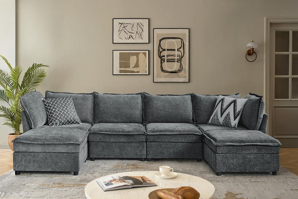 127'' Modular Sectional Sofa, Oversized U Shaped Couch with Storage Ottoman, Extra Deep Seat, Modern Comfy Chenille Sofa with Chaise, 6 Seat Convertible Couches for Living Room, Grey-0