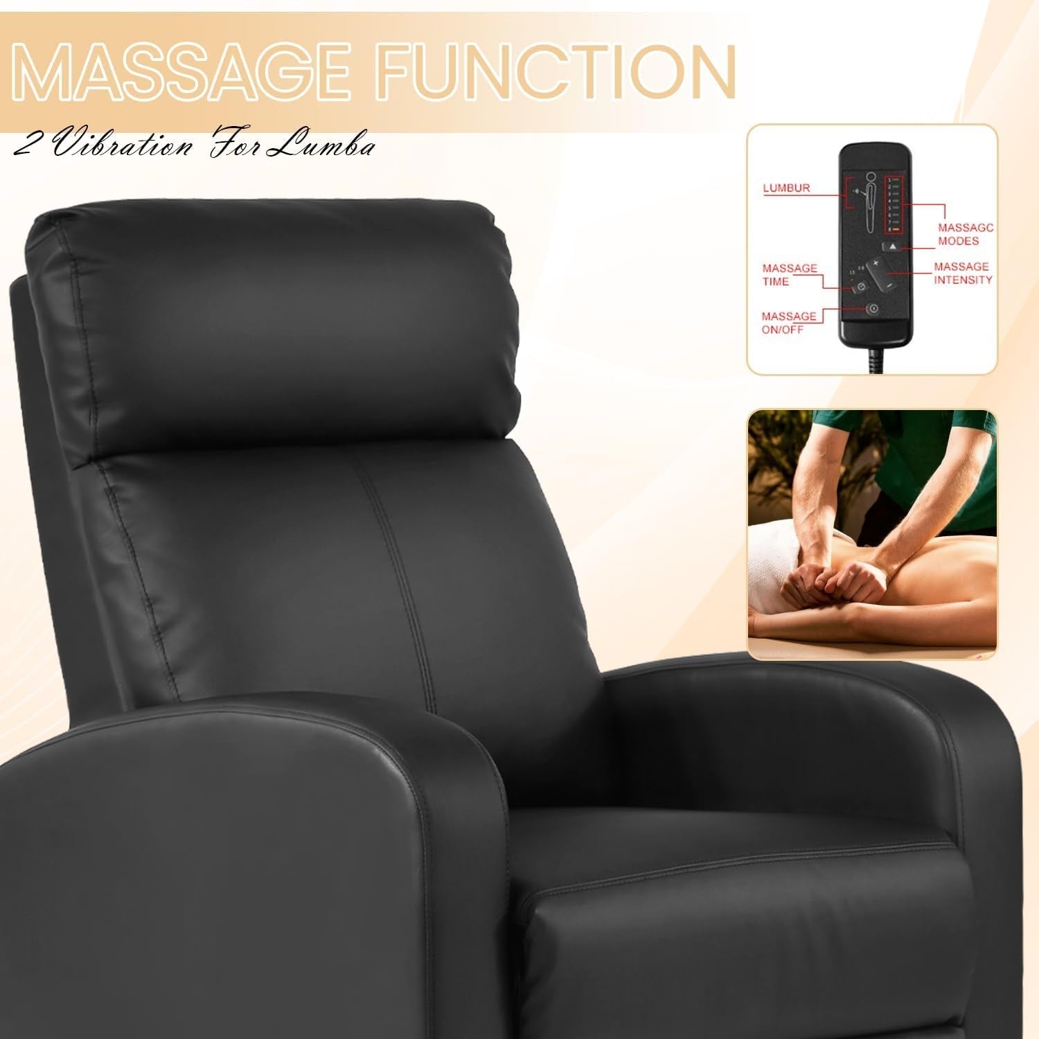 Recliner Chair Breathable Padded PU Leather Massage Single Sofa Recliners for Small Recliner Chair with Footrest Home Theater Seating for Bedroom Living Room,Black-3