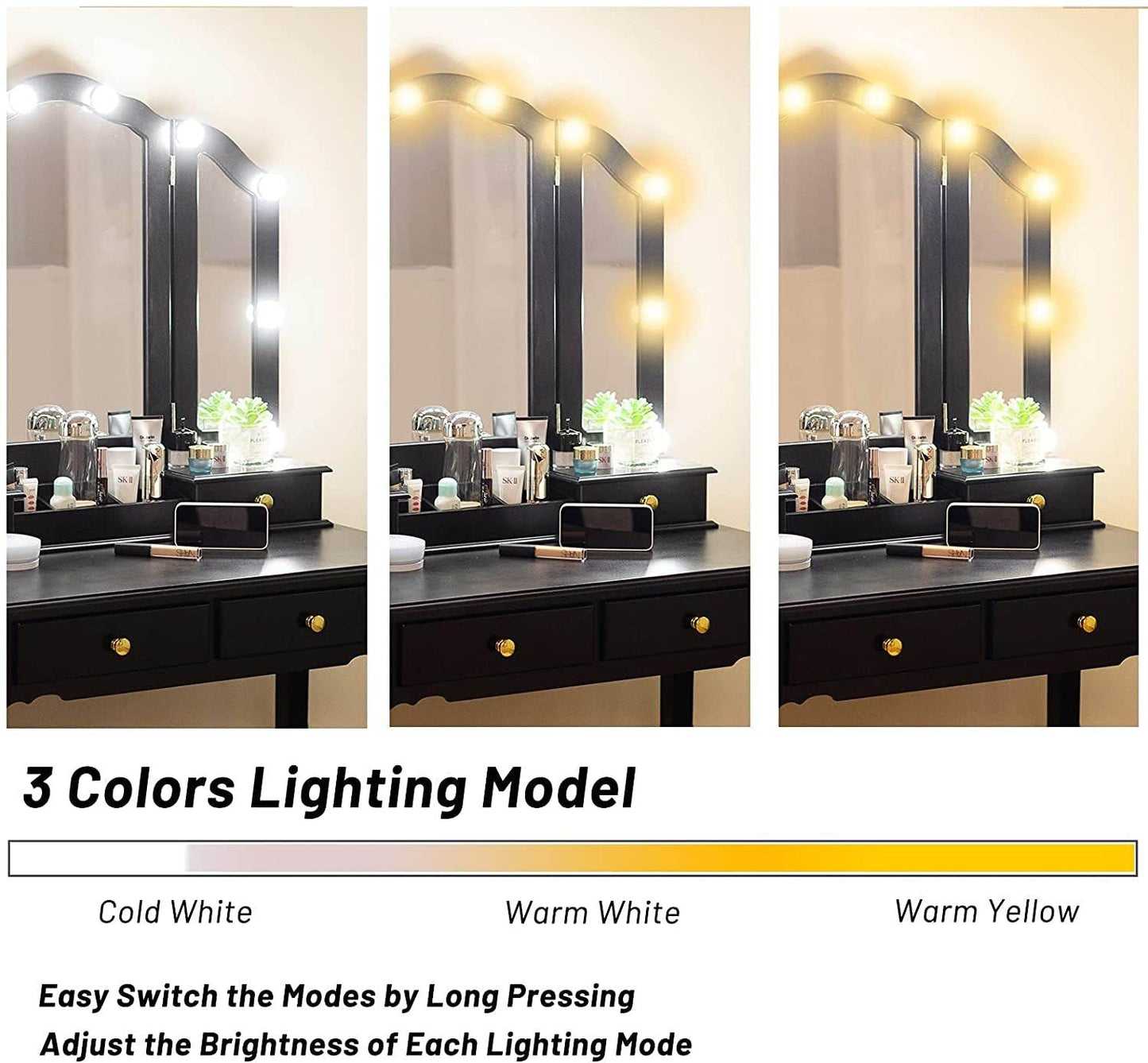 Black Vanity Set with Lighted Tri-Fold Mirror - Loft&Timber