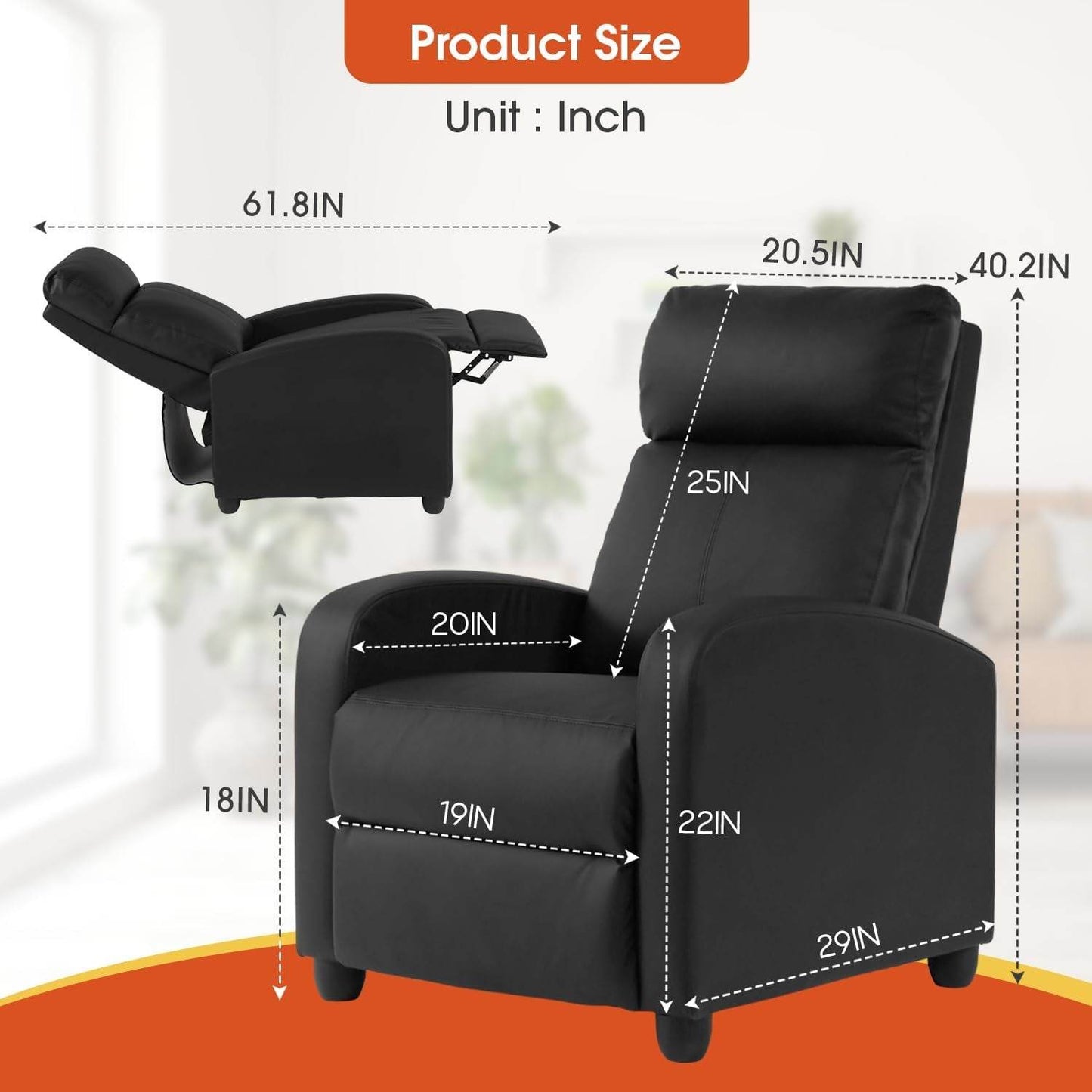 Recliner Chair PU Leather Recliner Sofa Home Theater Seating with Lumbar Support Overstuffed High-Density Sponge Push Back Recliners Armchair for Living Room,Black - Loft&Timber