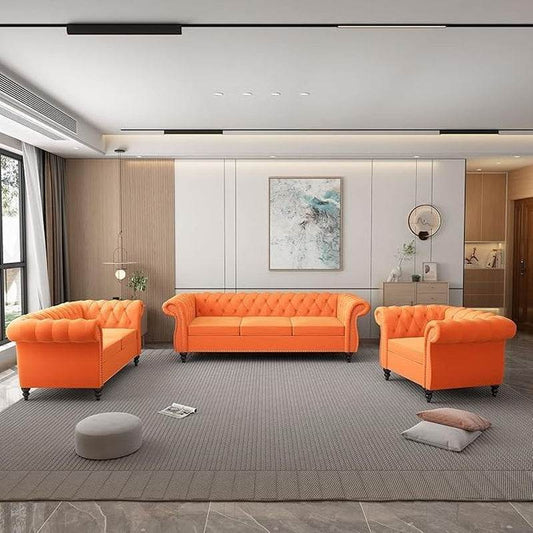 3-Piece Living Room Sectional Sofa Set, Upholstered Sofa Modern Sofa Couches Set Style Button Tufted, Velvet Chesterfield Sofa for Living Room Apartment, 1+2+3 Seat Orange - Loft&Timber