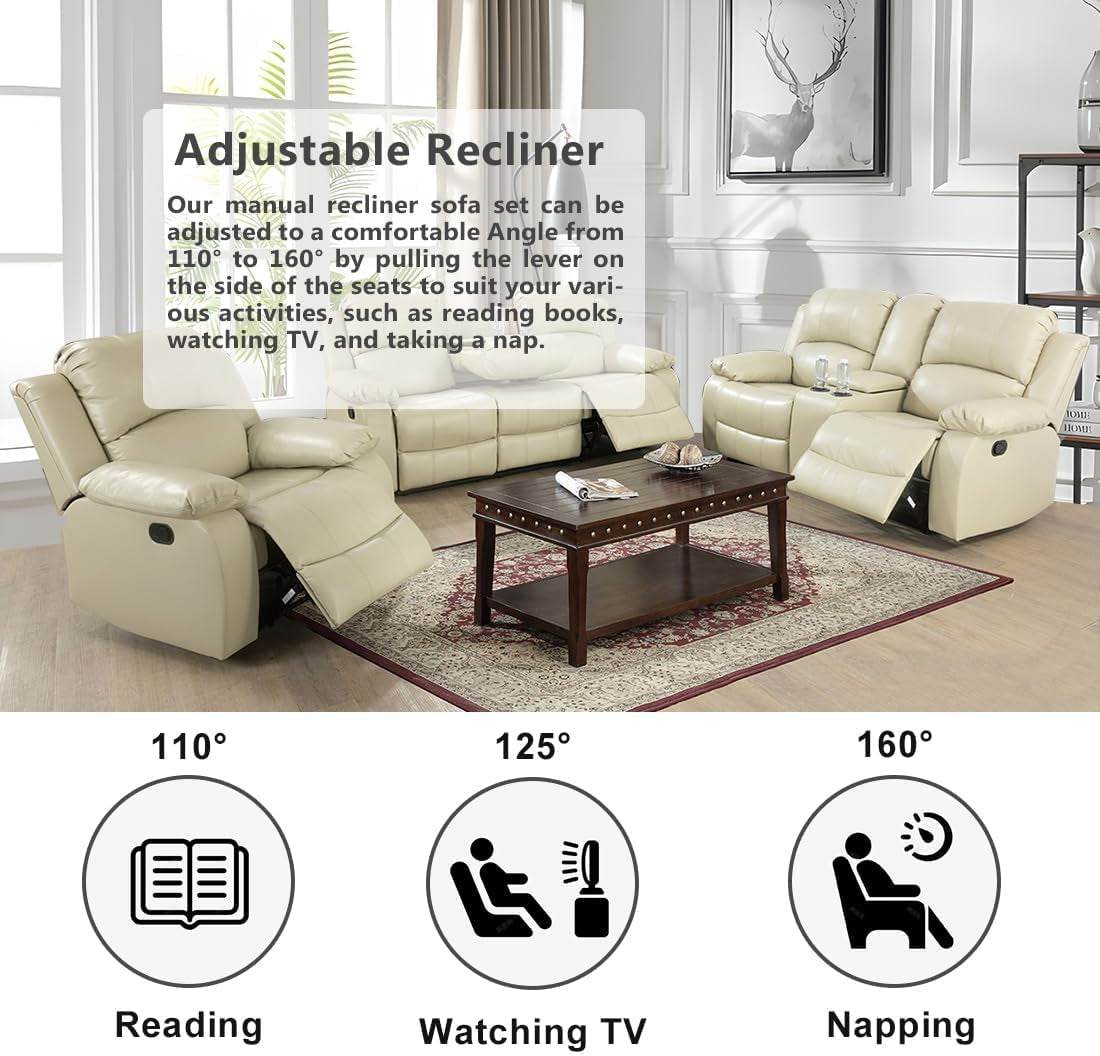 Manual Reclining Sofa Modern Recliner Sofa Couch 3 Seater Leather Reclining Sofa Living Room Furniture Couch with Cup Holders & Flip-Down Table for Home/Office/Rv Car (Beige, 3 Seater Sofa) - Loft&Timber