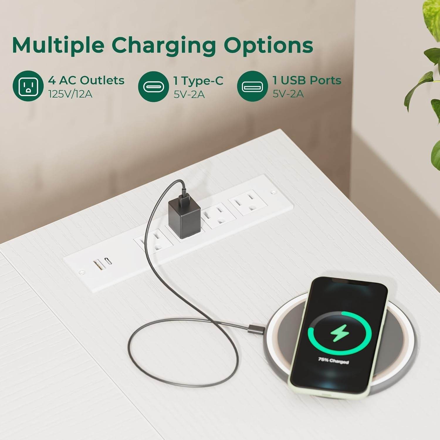 L Shaped Desk with Power Outlets in White - Loft&Timber