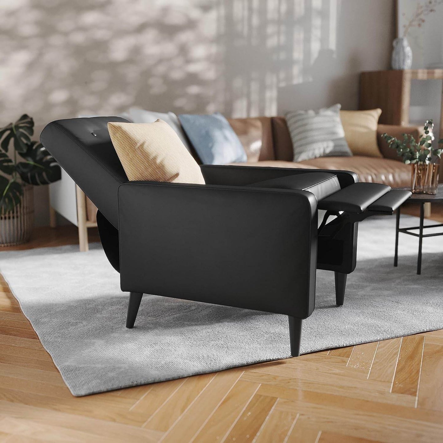 Ezra Pushback Recliner - Mid-Century Modern Black Leathersoft Upholstery - Loft&Timber