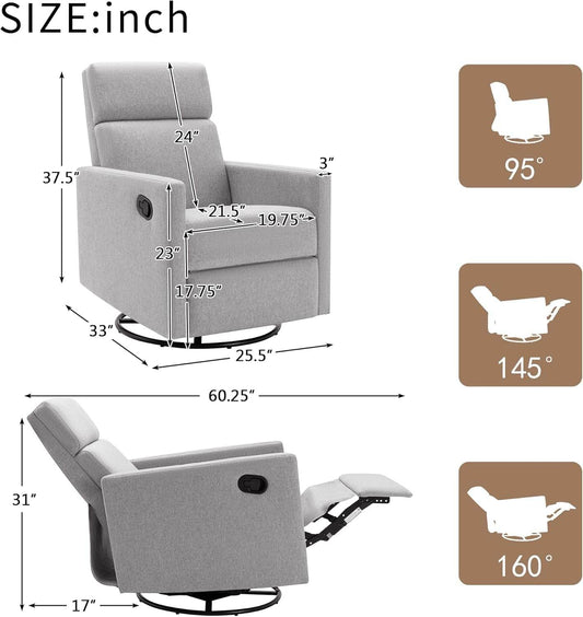 Modern Upholstered Manual Swivel Recliner Chair W/Headsupport in Gray - Loft&Timber