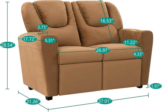 Suri Kids Recliner Loveseat – Spacious Toddler Recliner Chair Ages 3-5 with Cup Holders, Push-Back Function, and Adjustable Footrest - Brown - Loft&Timber