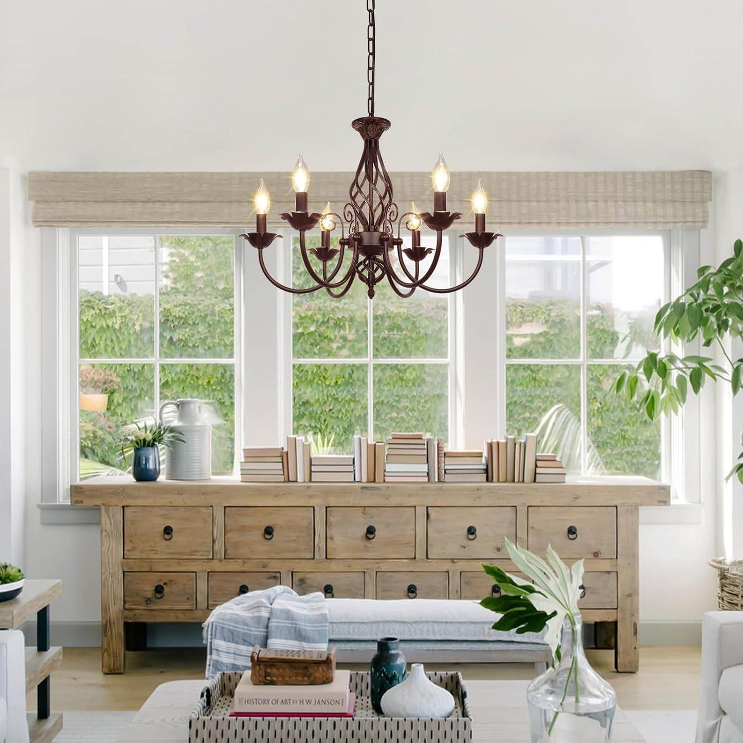 6-Light Farmhouse Candle Chandelier for Living Room, Rustic Industrial Pendant Ceiling Light Fixture, Vintage Hanging Lamp for Bedroom Hallway Kitchen Dining Room Foyer, E12 Socket, Oil Rubbed Brown - Loft&Timber