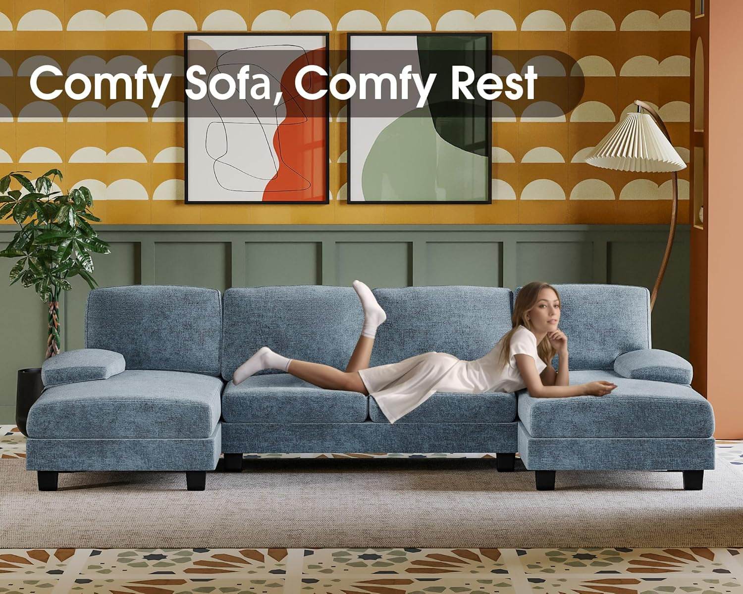 Sectional Couches, 4 Seat Sofa Set with Double Chaise, Fabric, Light Blue - Loft&Timber