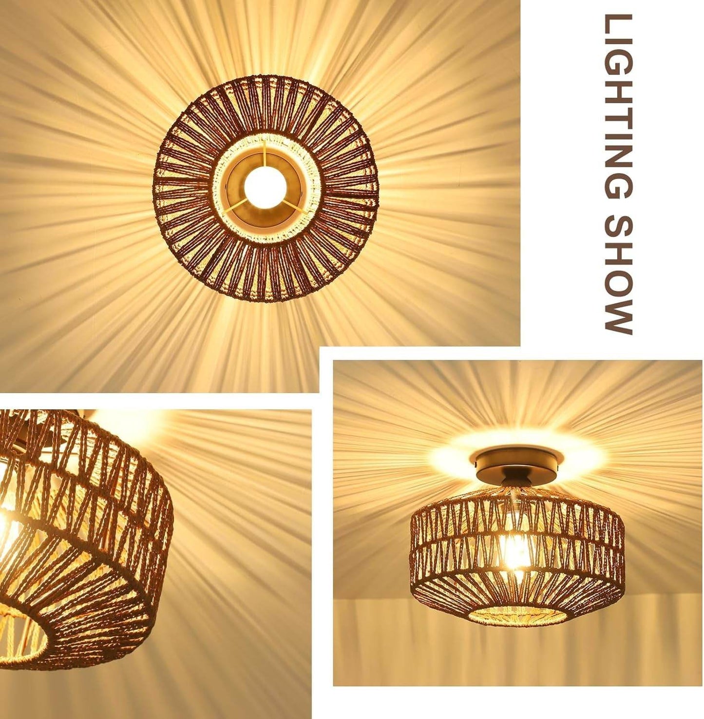 Boho Rattan Light Fixtures Ceiling Mount,Ceiling Light Fixtures with Dimmable LED Bulb,Hand Woven Rattan Chandelier Light Fixtures Ceiling for Bedroom Living Room Entryway(Dark Brown) - Loft&Timber