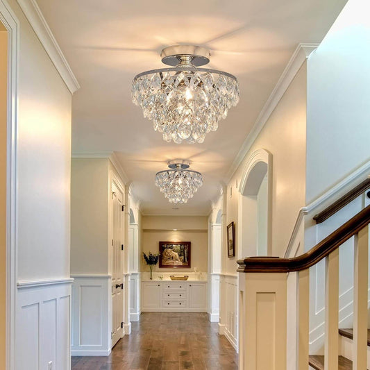 Modern E26 Small Crystal Chandelier Semi Flush Mount Ceiling Light Fixture Silver Ceiling Lamp for Hallway Bedroom Bathroom Closet Bedroom Foyer (Chrome) - Loft&Timber