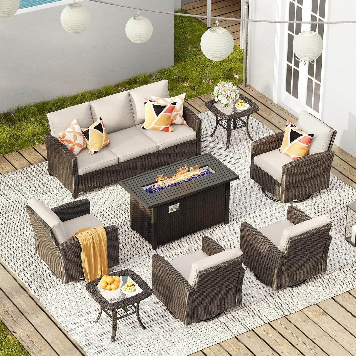 Eight Piece Outdoor Patio Furniture Set with Firepit - Loft&Timber