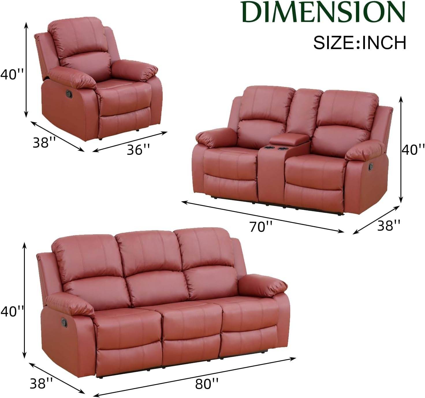 Leather Recliner Sofa Set, Red (Sofa Set 3 Pieces) - Loft&Timber
