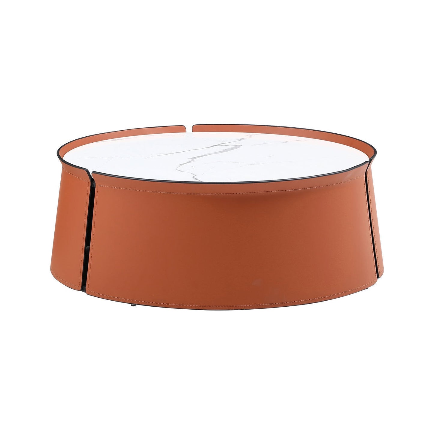 31.5" Coffee Table, Marble Top and Orange Saddle Leather Body - Loft&Timber