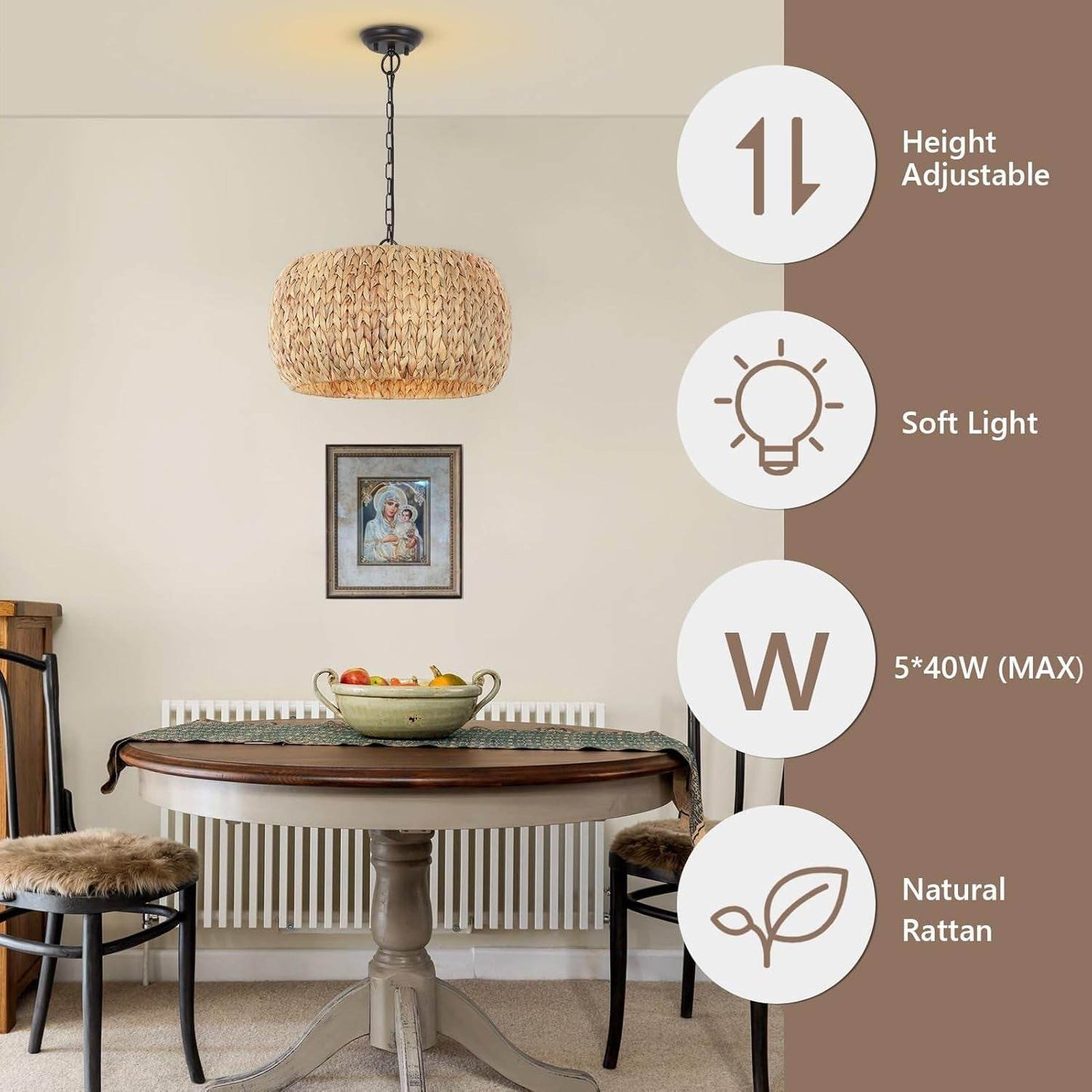 Farmhouse Chandelier for Dining Room,5-Light Boho Chandelier Light Fixture with Water Hyacinth Lampshade,Rattan Dining Room Chandelier Light Fixtures for Kitchen Island Bedroom Living Room - Loft&Timber
