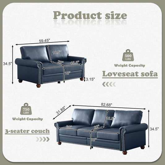 2-Piece Comfy Upholstered PU Leather Sofa in Navy Blue - Loft&Timber