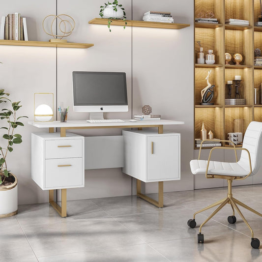 51" White Gold Desk with Storage Cabinet - Loft&Timber