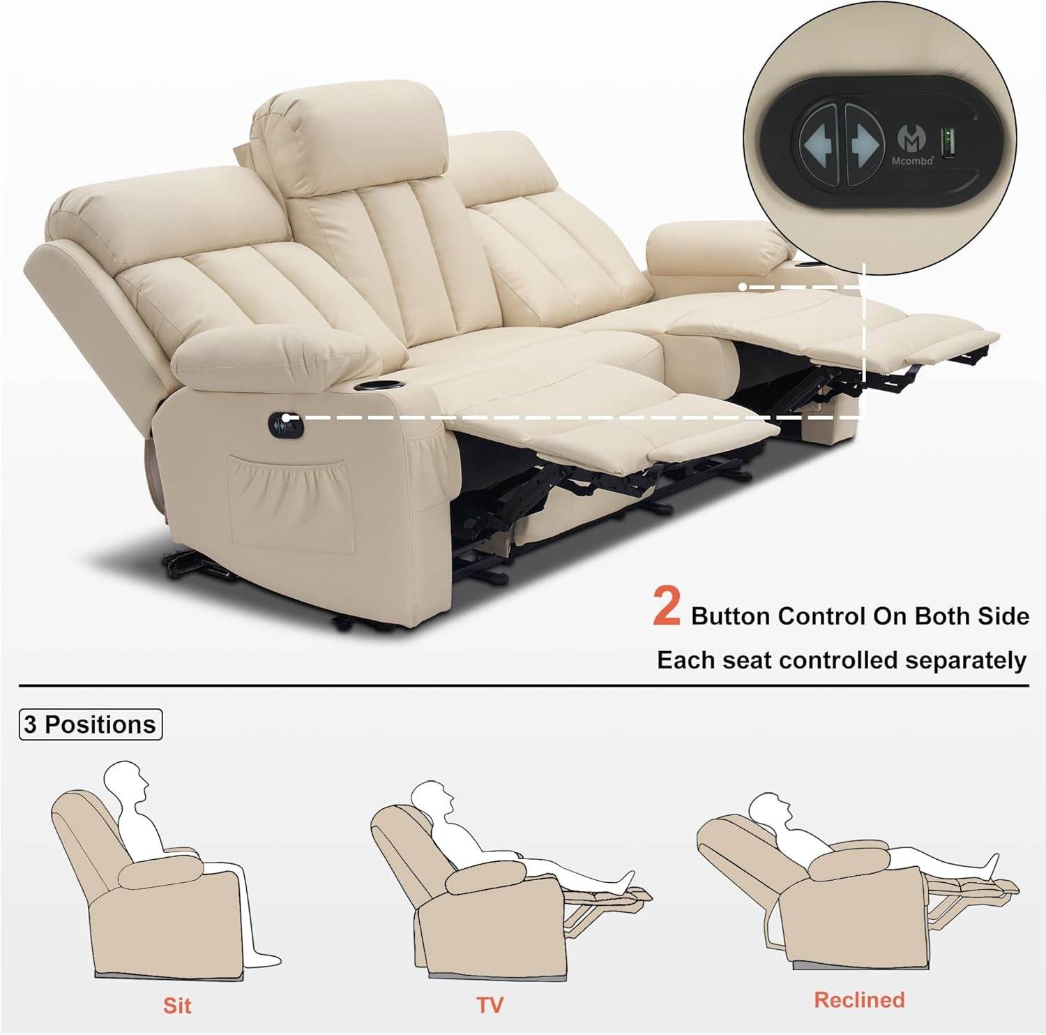 Power Reclining Sofa with Heat and Vibration,Usb Ports, Cup Holders,3-Seat Dual Recliner Sofa for Living Room 6077(Cream White, Reclining Sofa) - Loft&Timber