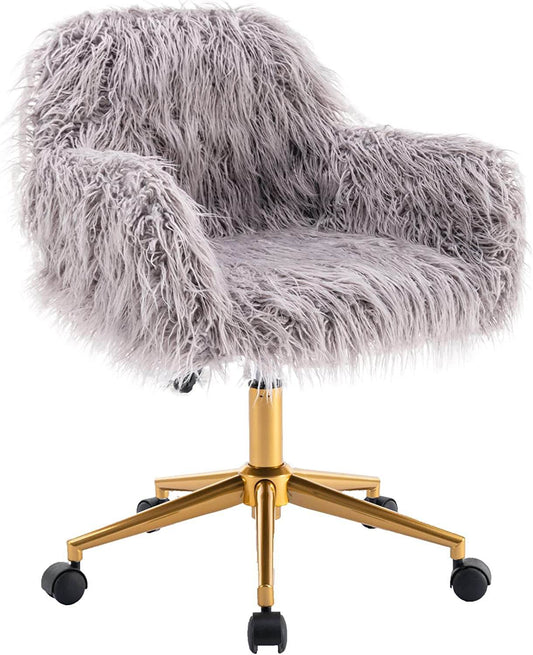 Gray Faux Fur Swivel Chair for Home Office - Loft&Timber