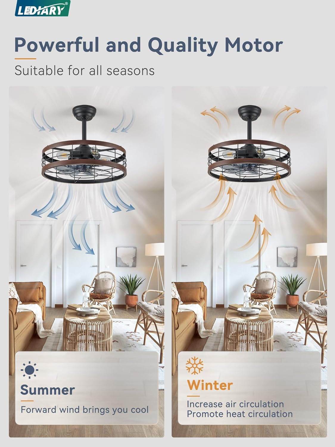 20 Inch Fandelier Caged Ceiling Fan with Light, Bladeless Ceiling Fan with Remote, Farmhouse Fan Lights Ceiling Fixtures for Kitchen, Bedroom, Outdoor(6 Speed, Timing) - Walnut - Loft&Timber
