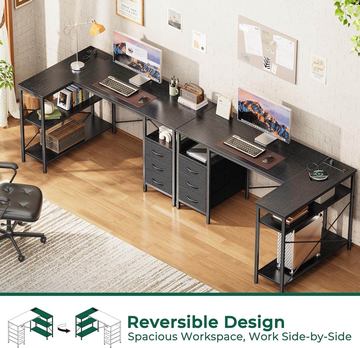 L Shaped Desk with Power Outlets in Black - Loft&Timber