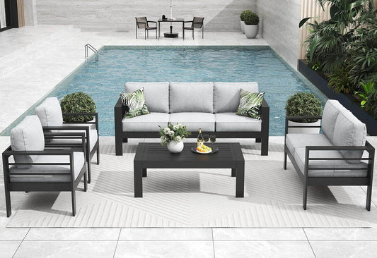 5 Pieces Modern Aluminum Patio Furniture Set, Outdoor Conversation Sets Metal Sectional Sofa with Coffee Table - Loft&Timber