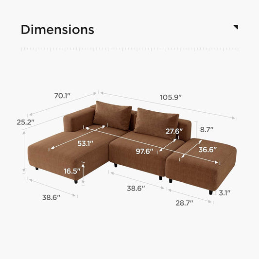 Soft Corduroy Sectional Modular Sofa Set, Modern L-Shaped Chaise Couch, Orange Brown - Loft&Timber
