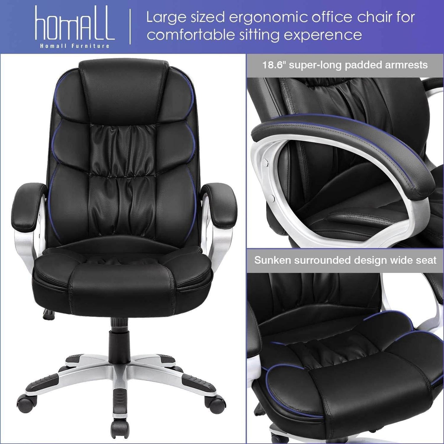 High Back Computer Desk Chair with Padded Armrests and Lumbar Support (Black) - Loft&Timber
