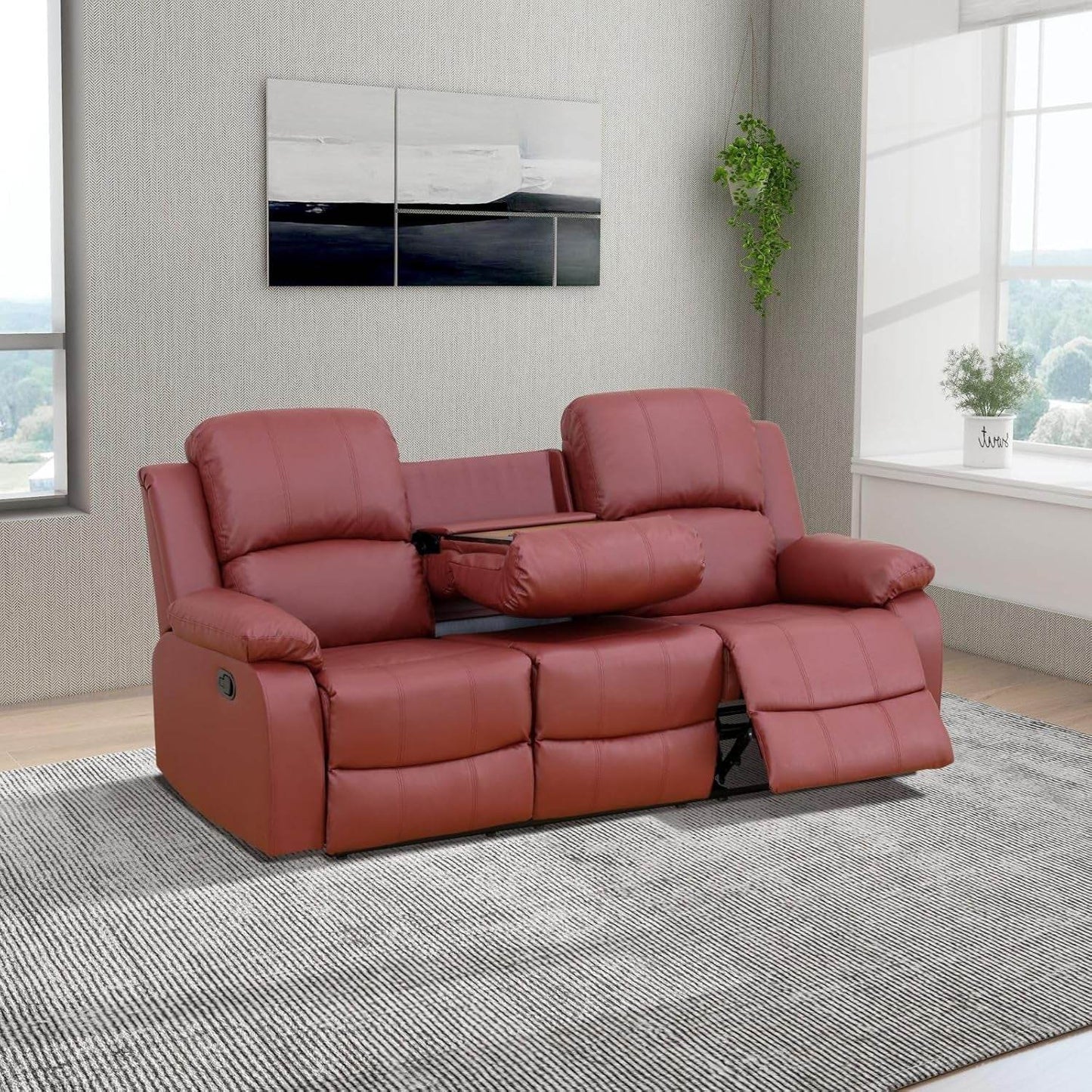 Red Manual Leather Recliner Sofa Set - Loft&Timber