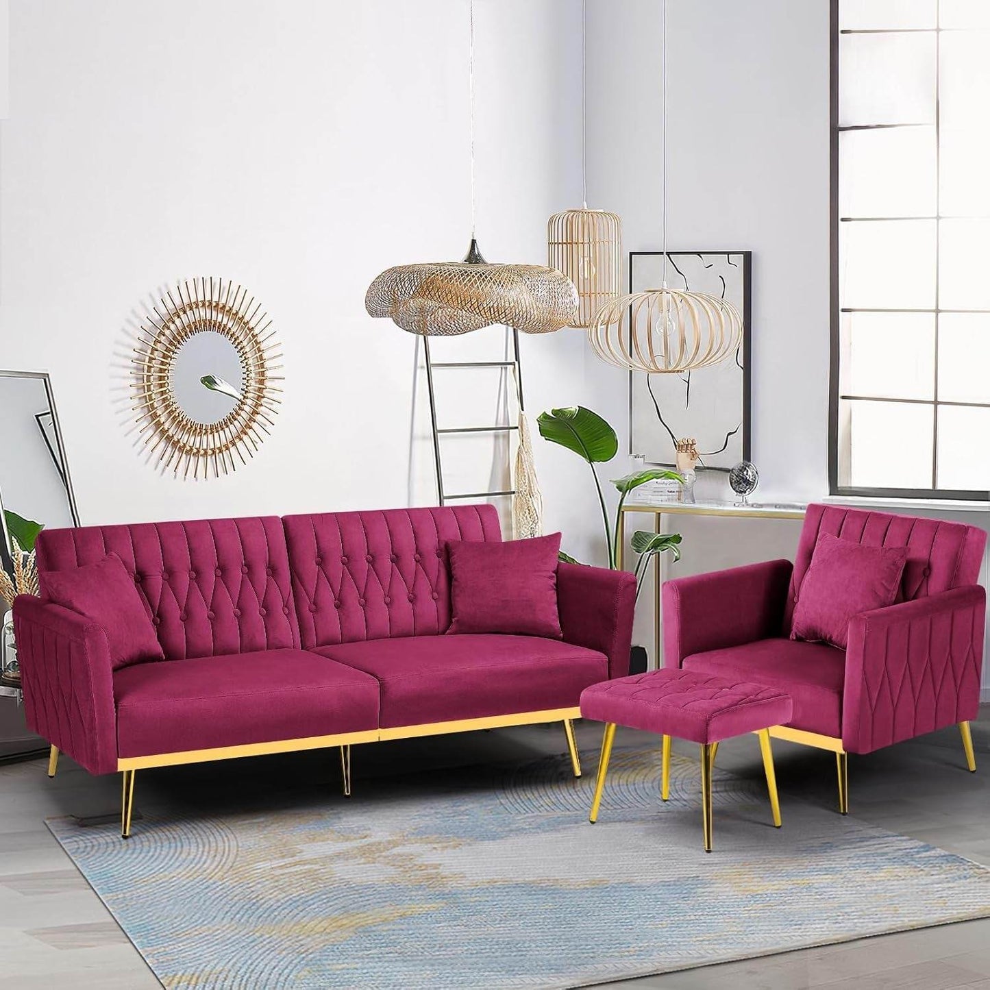 2 Pieces Velvet Futon Sofa Set with Adjustable Backrests and Armrests, 70” Convertible Sofa Bed & Tufted Accent Chair with Ottoman for Living Room, Fuchsia - Loft&Timber