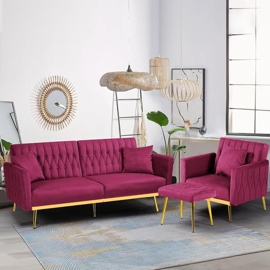 2 Pieces Velvet Futon Sofa Set with Adjustable Backrests and Armrests, 70” Convertible Sofa Bed & Tufted Accent Chair with Ottoman for Living Room, Fuchsia-0
