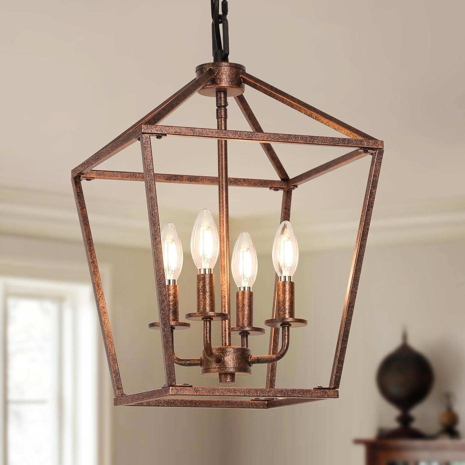 Chandelier for Dining Room, 4-Light Rustic Chandelier Fixtures, Vintage Ceiling Light with Adjustable Height, Antique Bronze Geometric Hanging Light for Bedroom, Foyer, Kitchen, Living Room, Entryway - Loft&Timber