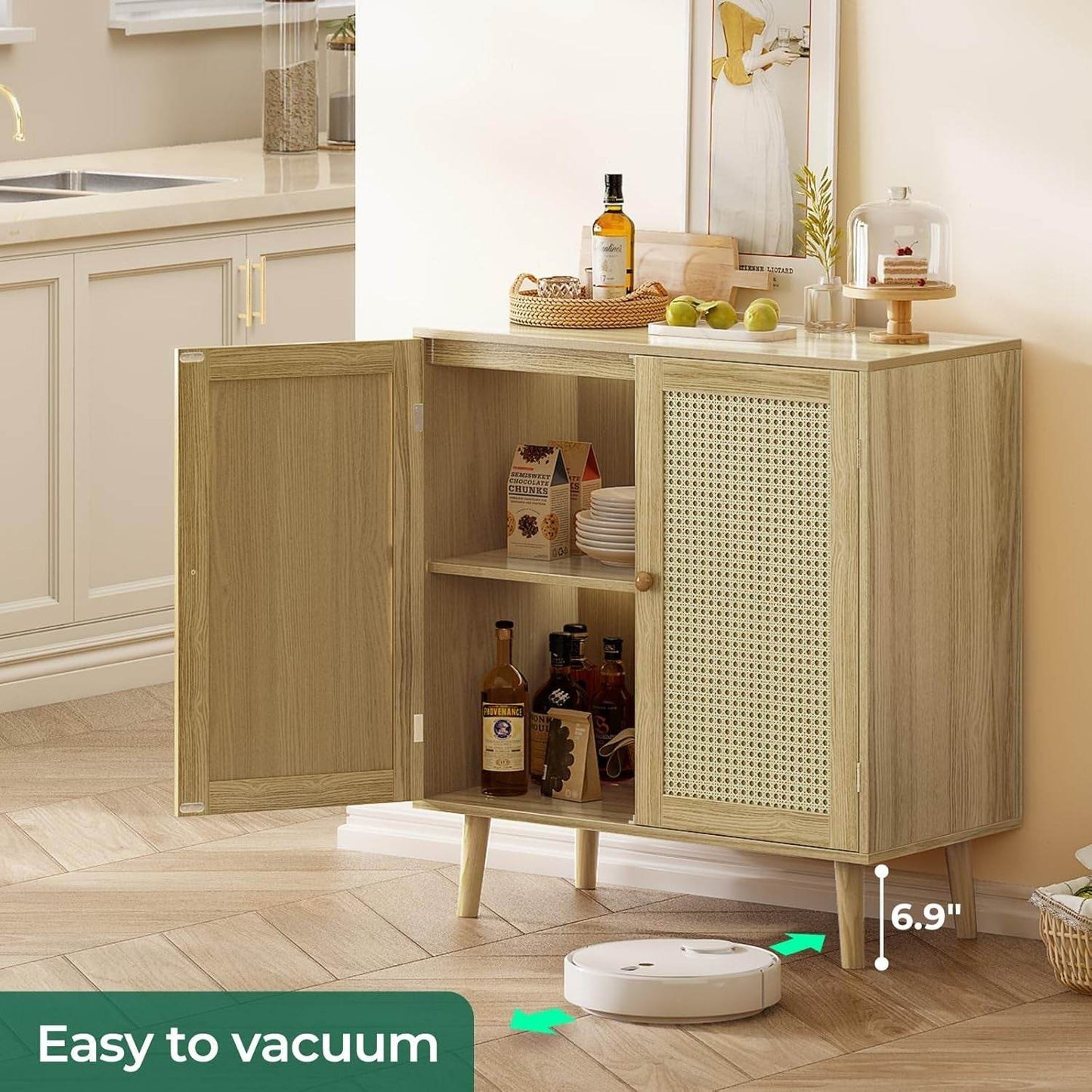 Buffet Cabinet with Storage, Storage Cabinet with PE Rattan Decor Doors in Natural - Loft&Timber
