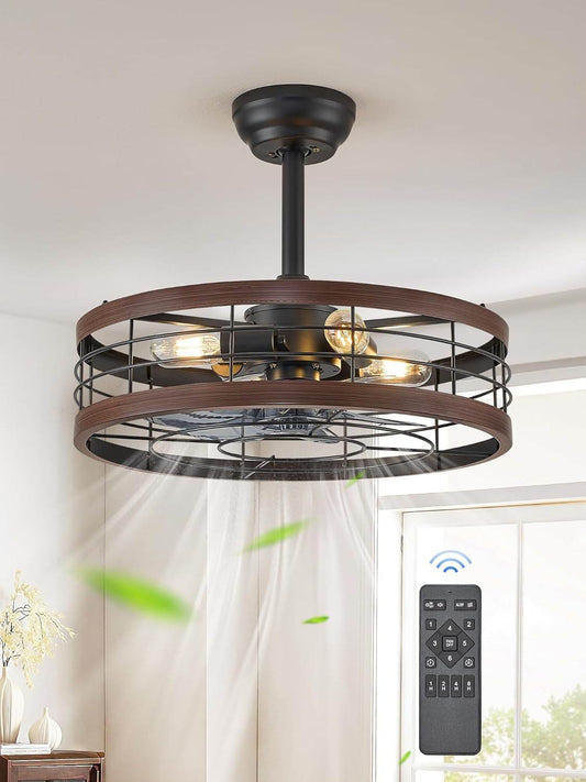 20 Inch Fandelier Caged Ceiling Fan with Light, Bladeless Ceiling Fan with Remote, Farmhouse Fan Lights Ceiling Fixtures for Kitchen, Bedroom, Outdoor(6 Speed, Timing) - Walnut - Loft&Timber