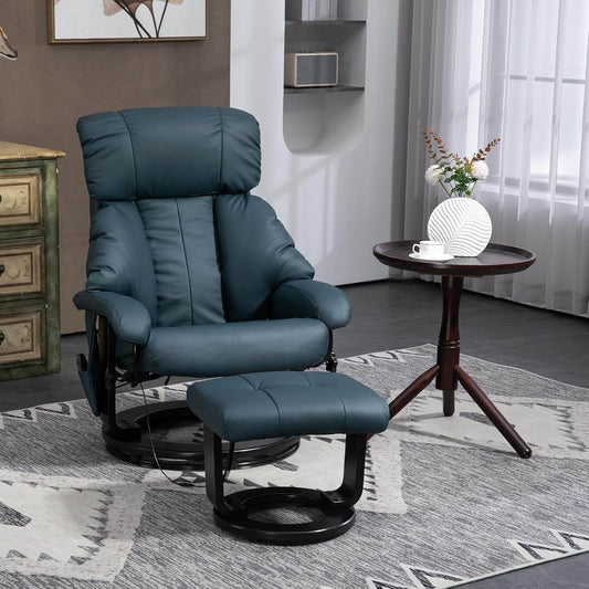 Massage Recliner Chair with Ottoman, 360° Swivel and Footstool, Blue - Loft&Timber