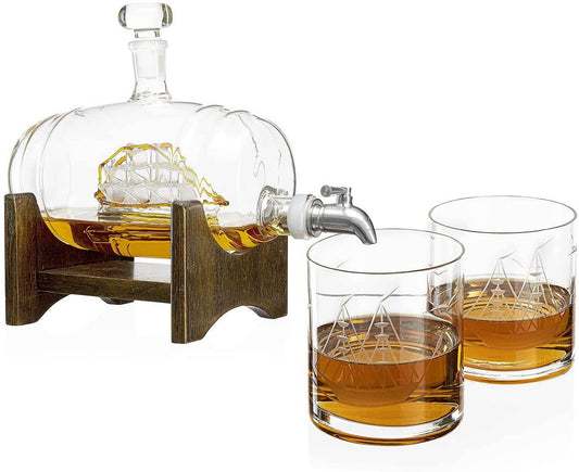 Whiskey Ship in a Barrel Decanter With Ship With 2-10 oz Glasses - By The Wine Savant, Whiskey & Wine Decanter Clear - Loft&Timber
